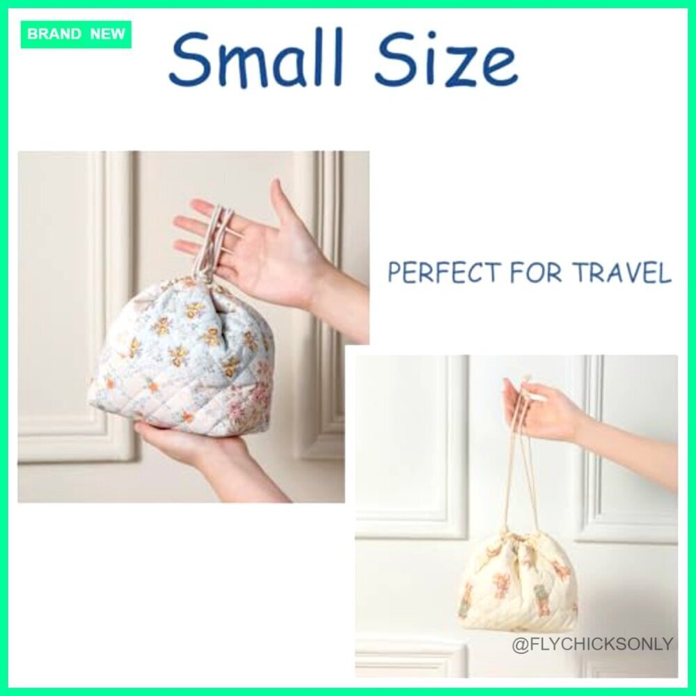 Quilted Drawstring Makeup Bag Canvas Lining Travel Toiletry Cosmetic - Picture 3 of 6